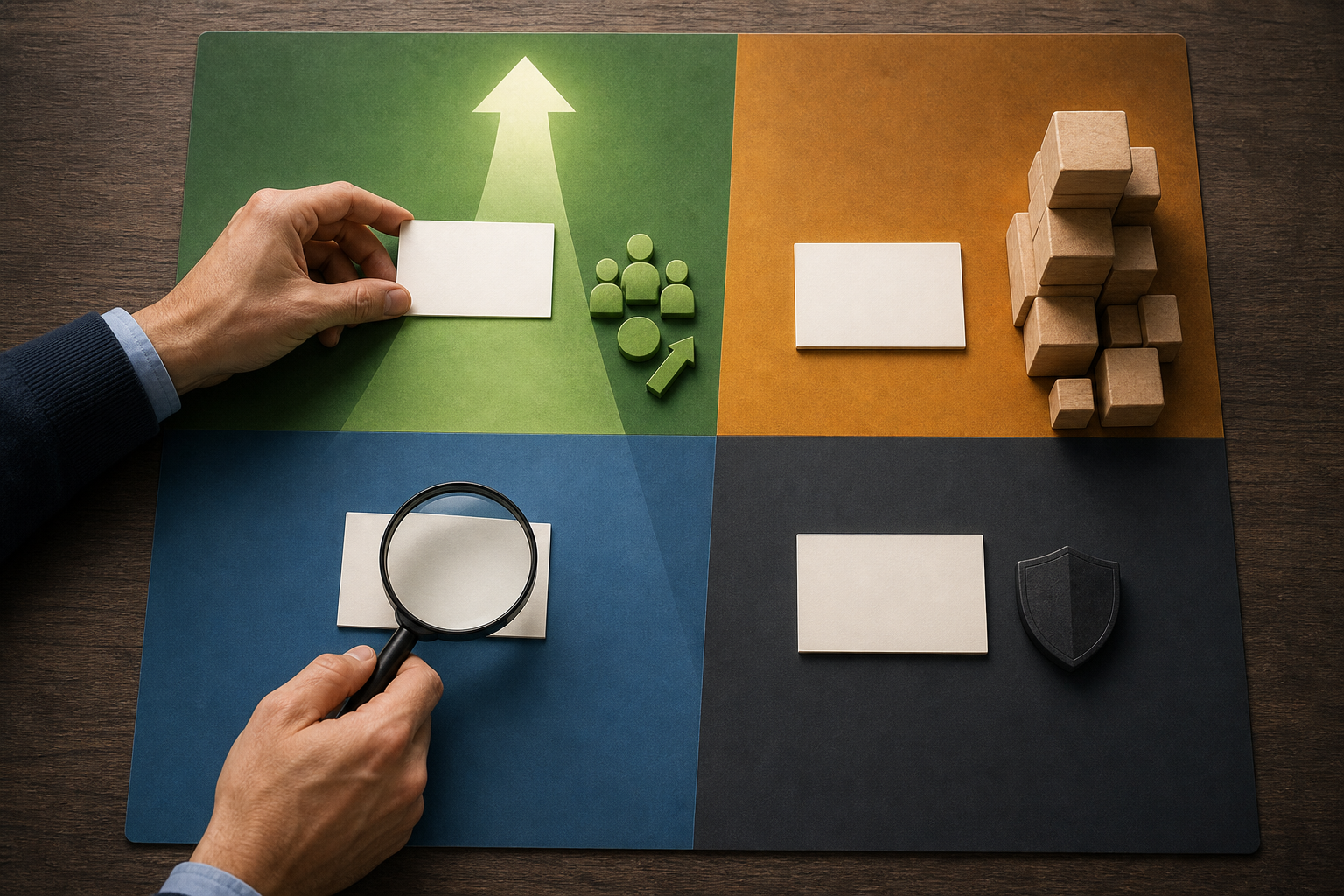 A strategist arranges blank recommendation cards among visual markers for impact, confidence, implementation effort, and risk.