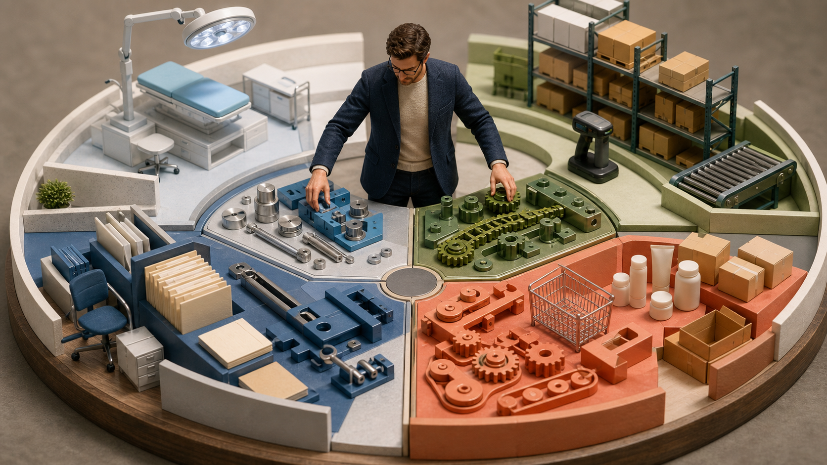A strategist at a divided workbench adapts different components for miniature clinical, warehouse, professional-services, and retail environments.