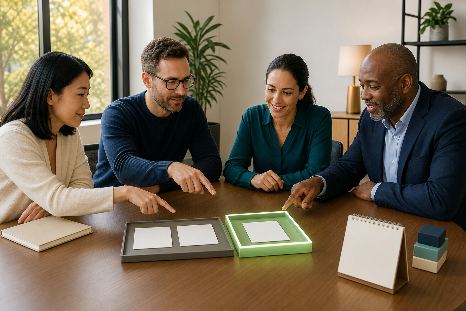 Four stakeholders agree around a conference table as one blank option card is moved into an action tray.