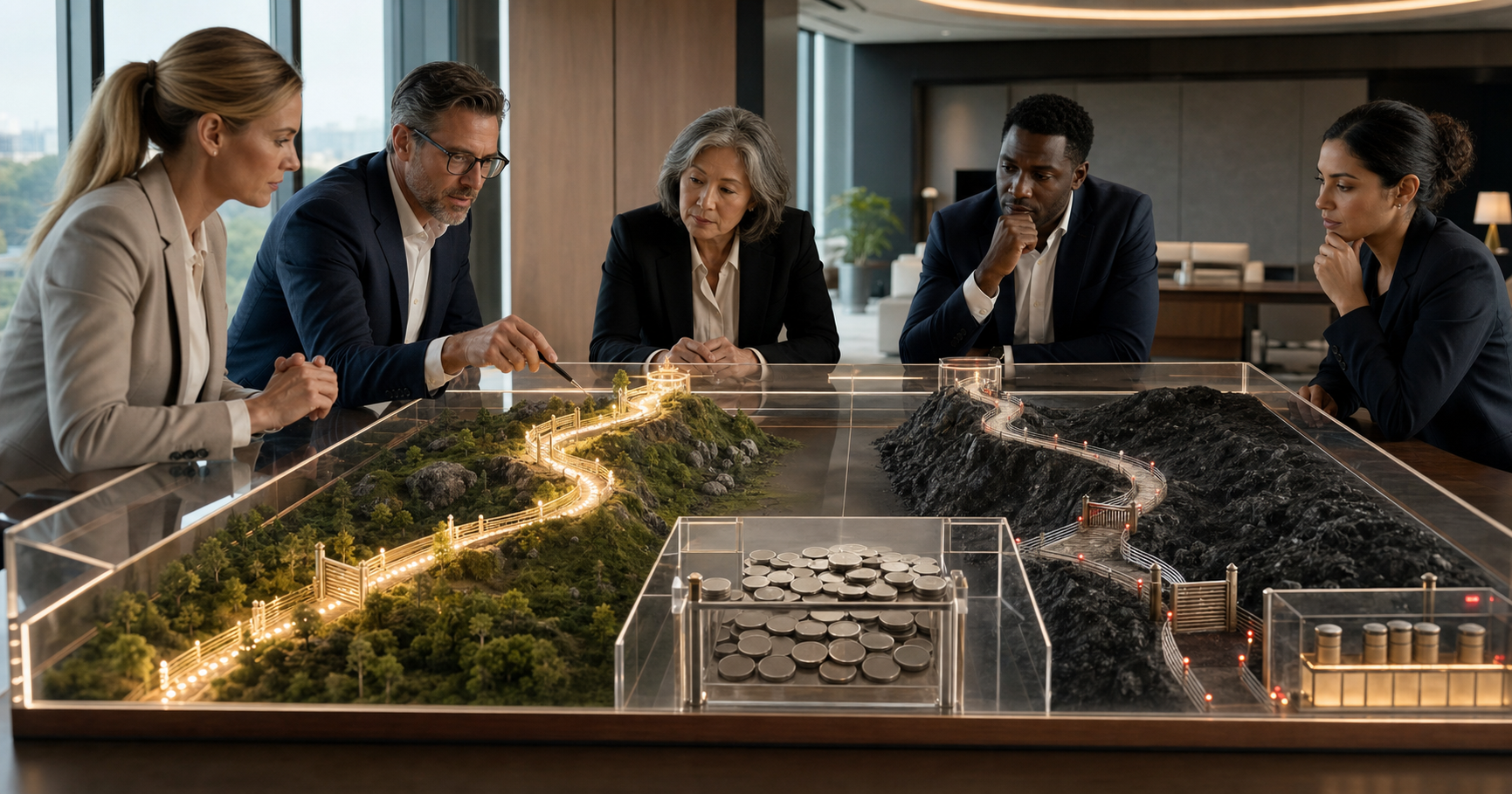 Business leaders examine a transparent tabletop model showing both an illuminated opportunity route and a guarded downside route beside a finite pool of investment tokens.