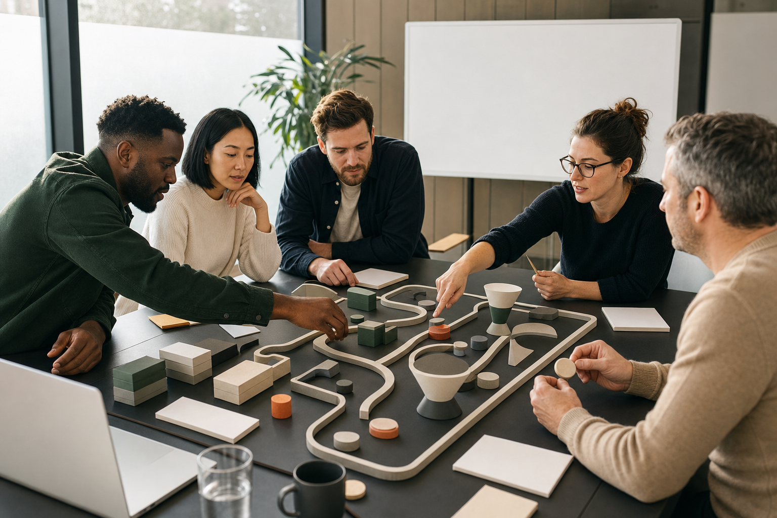 A client team and agency strategists test ideas together using an unlabeled physical model of search pathways, obstacles, funnels, and risk gates.