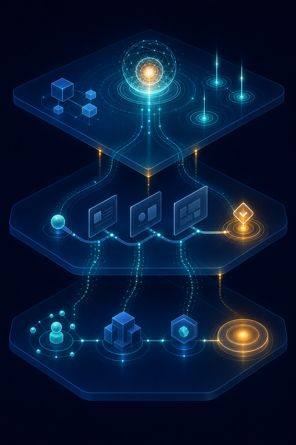 Three connected translucent layers depict AI visibility signals, a website session and a conversion path leading to business account and opportunity nodes.