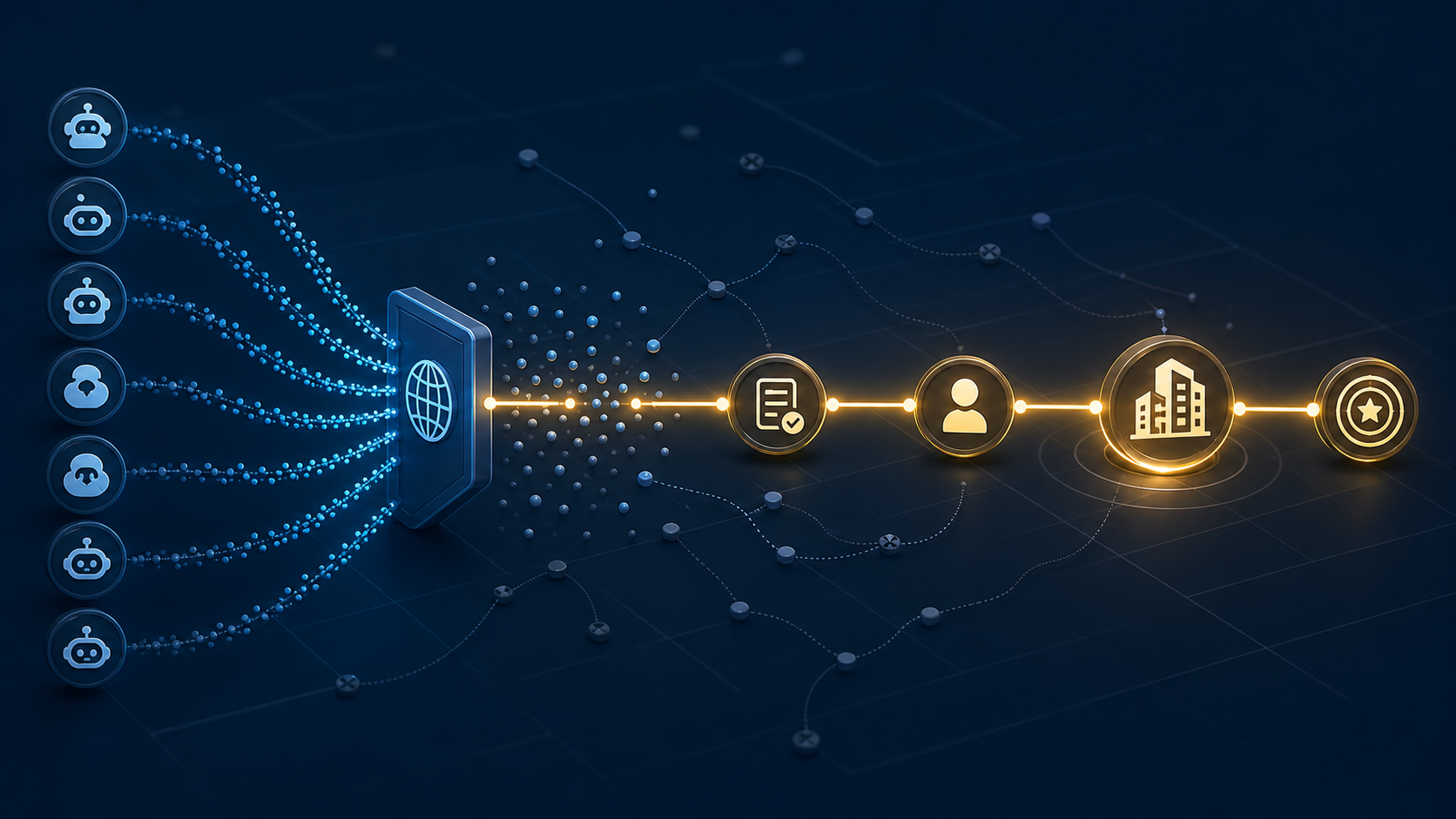 Anonymous referral streams pass through a website gateway and connect in sequence to a lead, a company account and a qualified opportunity.
