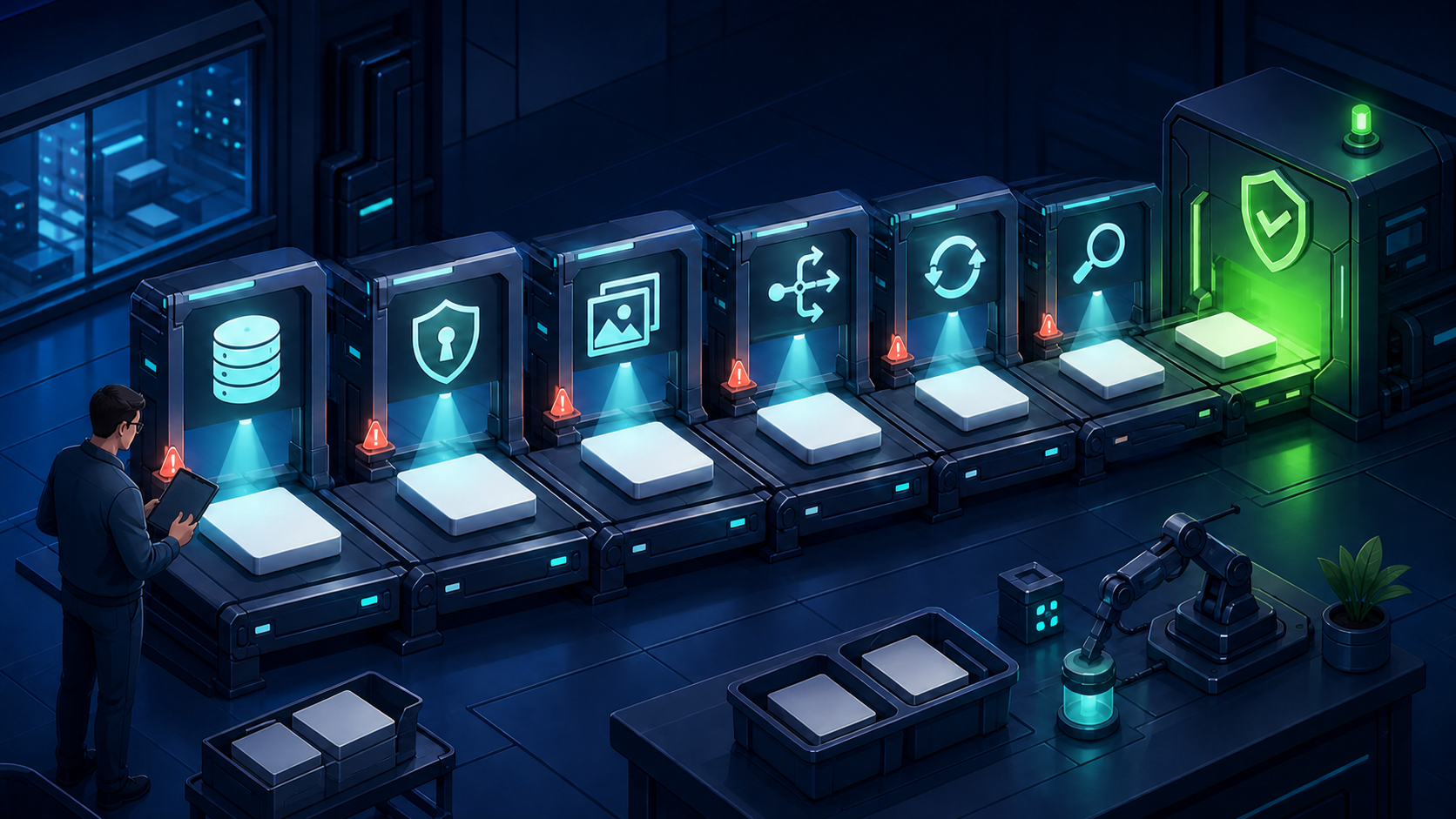 An engineer checks reporting, security, creative, experiment, automation, and data modules before an API workflow reaches production.