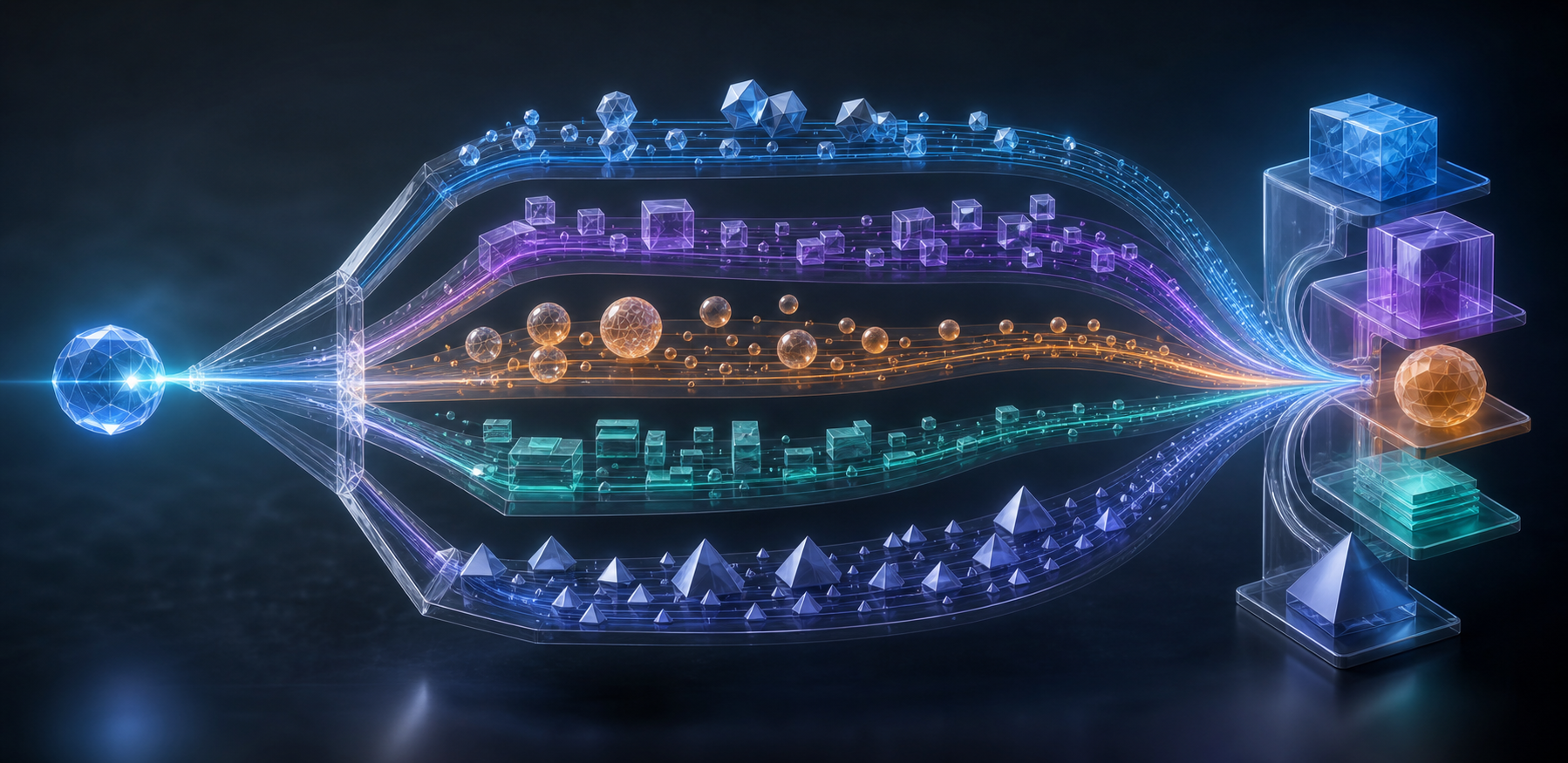 A glowing inquiry orb branches into many connected paths that lead to a coordinated group of content modules.