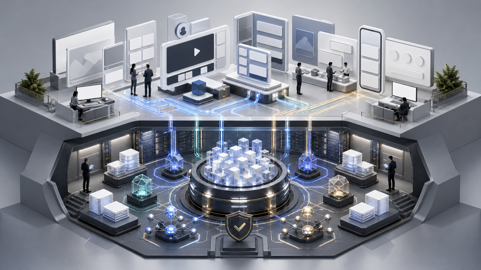 A secure central repository of source materials connects to multiple digital content assets while human reviewers inspect the information flow.