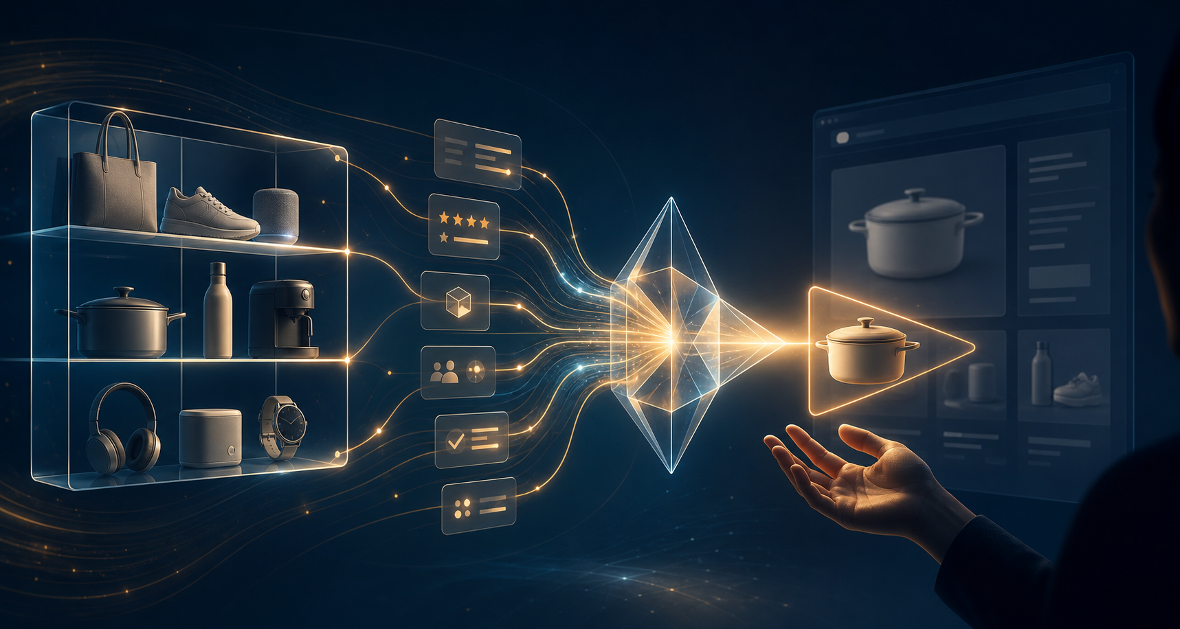 Generic retail products and evidence signals flow through an abstract AI system toward a shopper's hand.