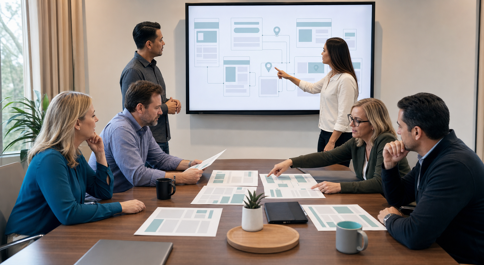 Clinical, compliance, admissions, and operations leaders question two agency strategists during a website planning review.