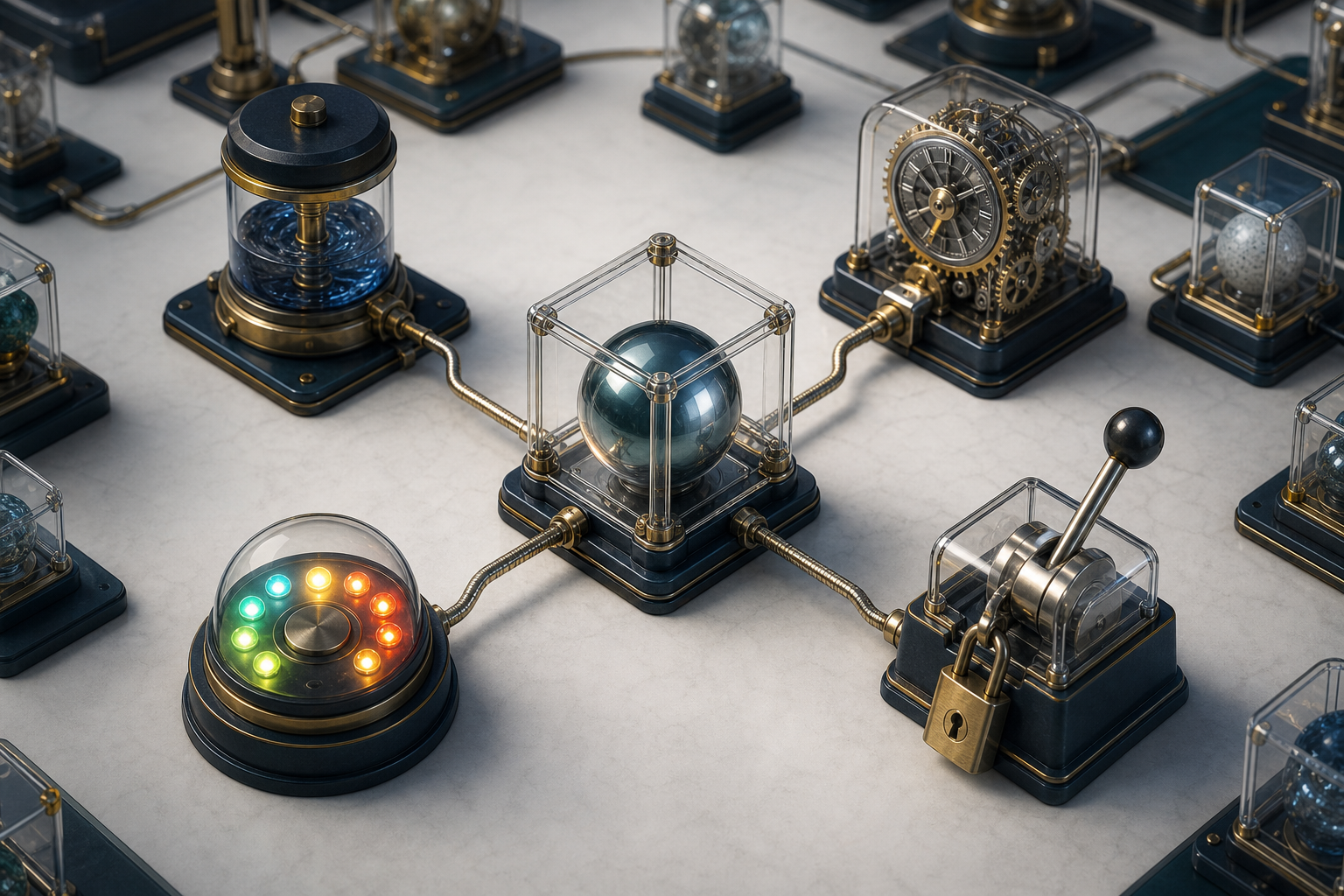 A measurement sphere sits in a transparent frame connected to a source container, timing mechanism, indicator lights, and a locked lever.