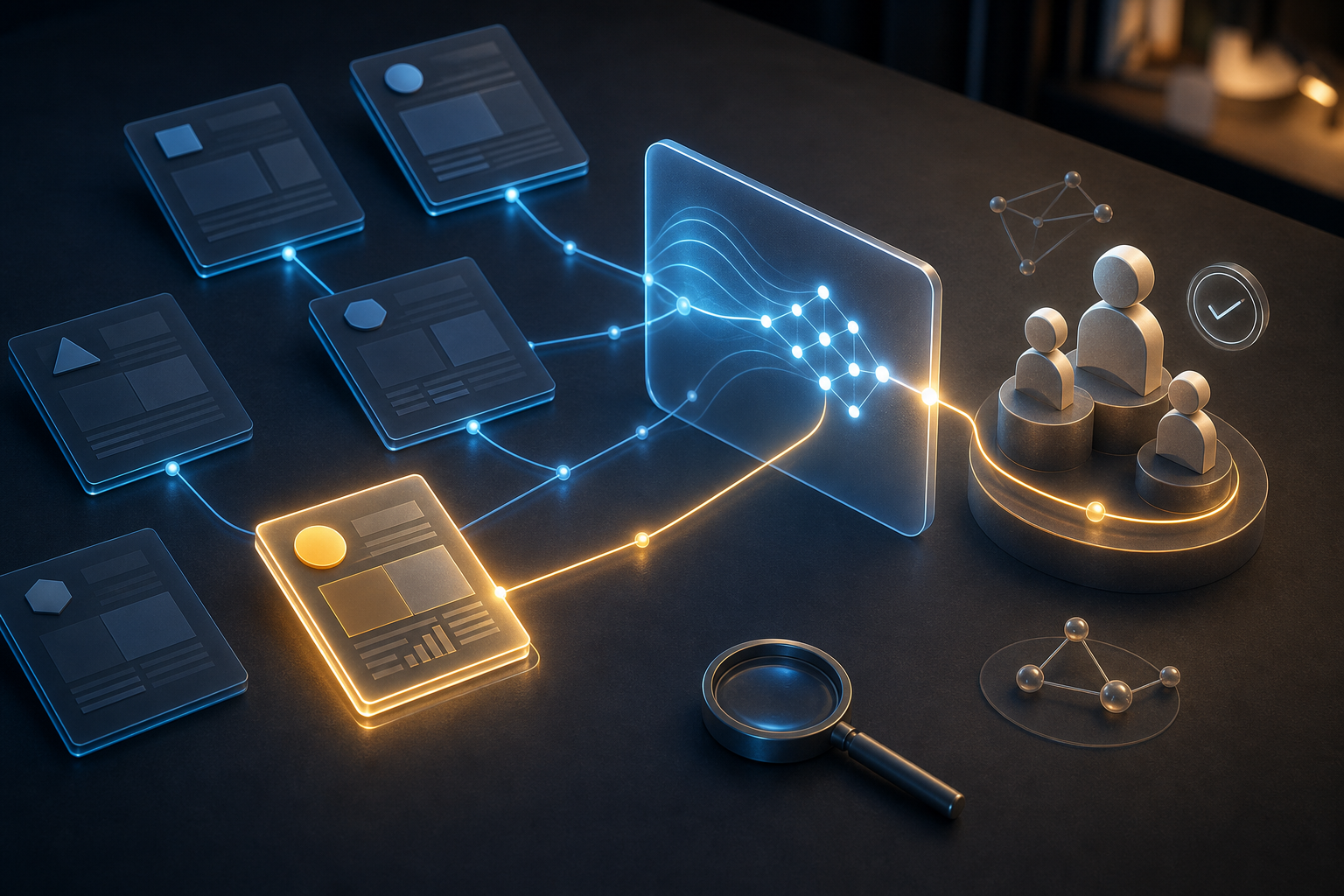 Unlabeled source cards connect through glowing paths to a translucent AI panel and a group of buyer-profile objects on a dark research desk.