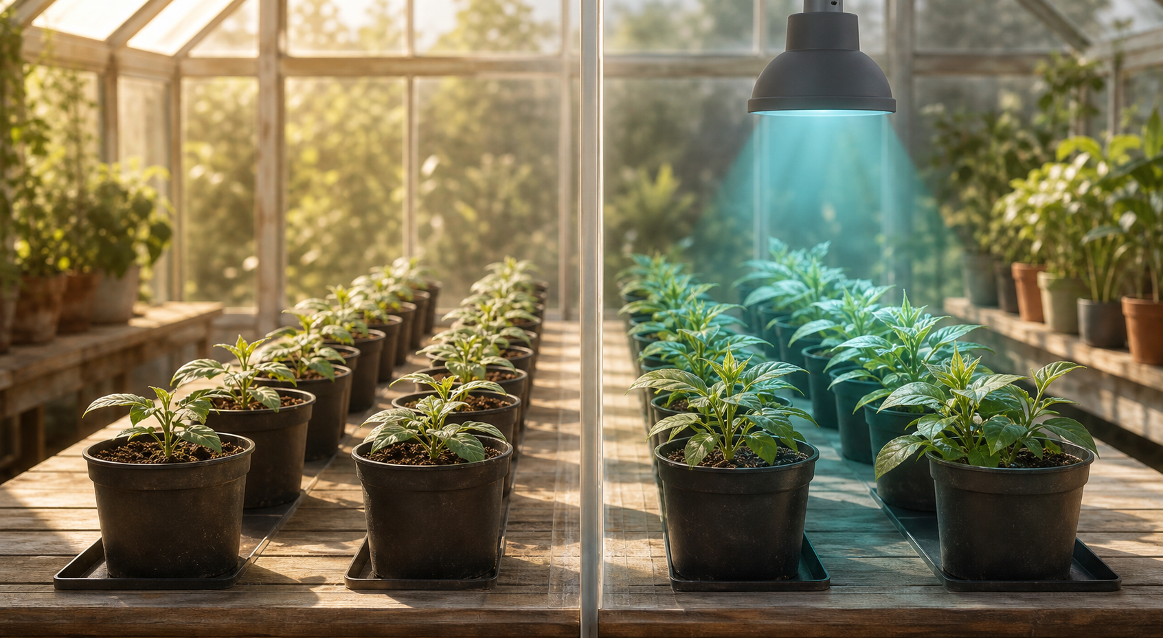 Two matched rows of greenhouse plants grow under the same conditions, with only one row receiving an additional colored light treatment.
