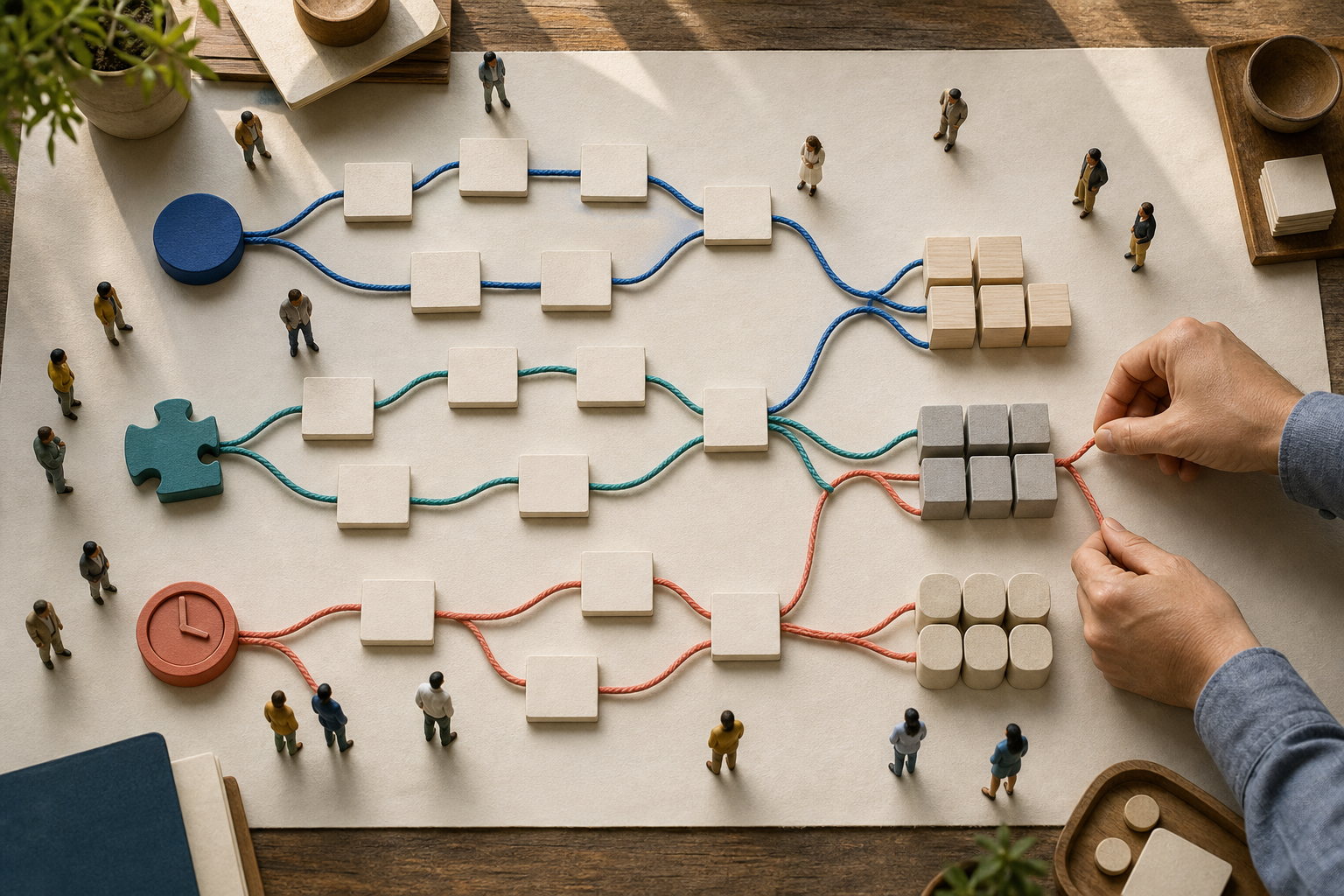 Miniature buyer figures, decision objects, colored paths, and unlabeled source blocks form a branching map across a planning table.