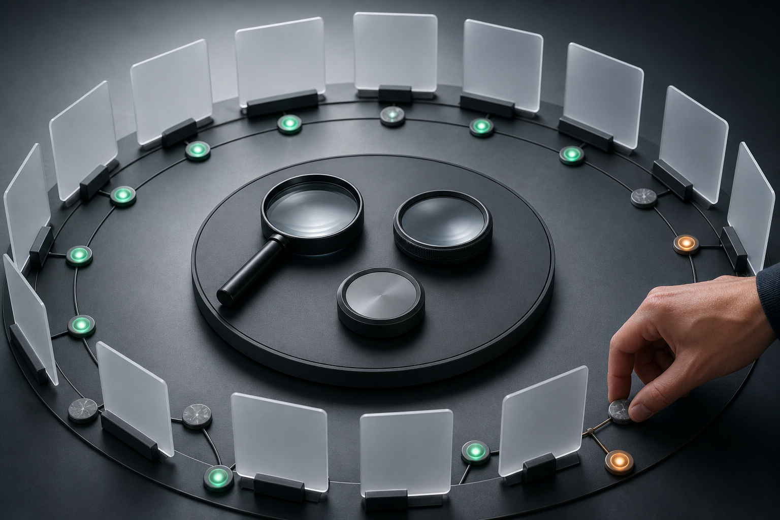 Blank AI response cards and recurring source tokens are arranged in a circle beside a magnifier, a lens, and an unmarked calibration gauge.