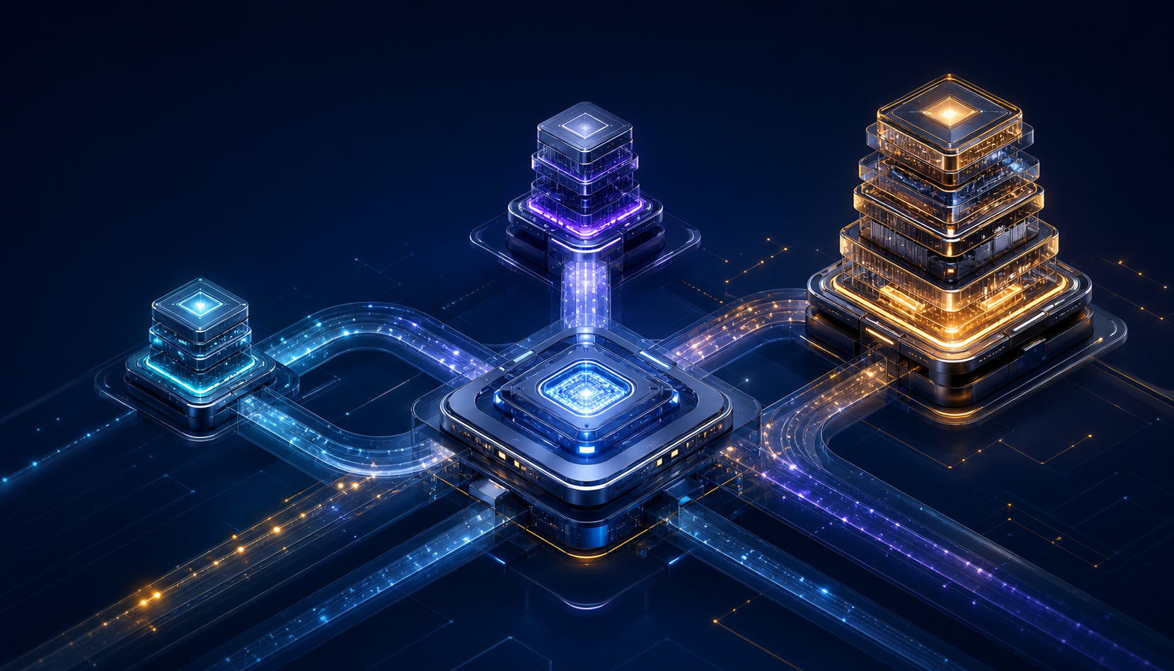 A central AI processing core connects to three differently sized computational modules and several flowing task pathways.