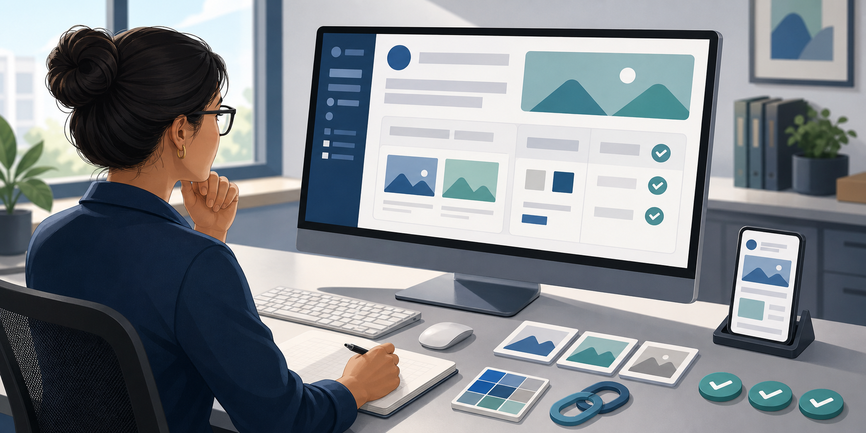 A publishing specialist reviews a generic profile interface alongside image, link, mobile preview, and verification symbols.