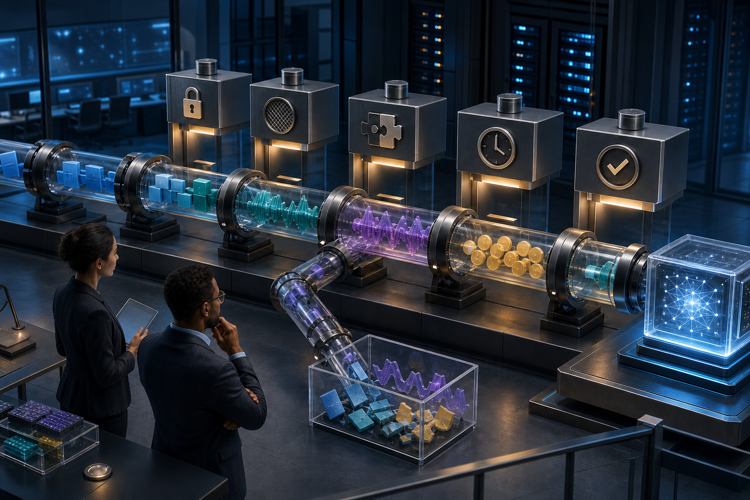 Two analysts inspect customer, product and campaign data moving through a transparent pipeline with permission, quality and verification controls.