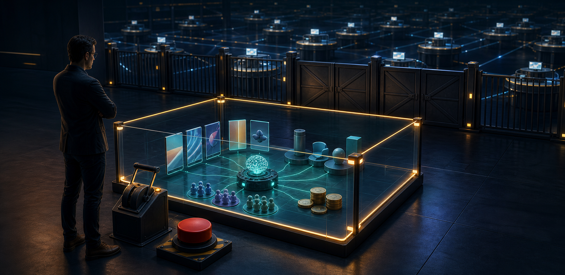 A campaign manager monitors a small AI advertising pilot enclosed by a transparent boundary, with human controls separating it from a larger campaign network.
