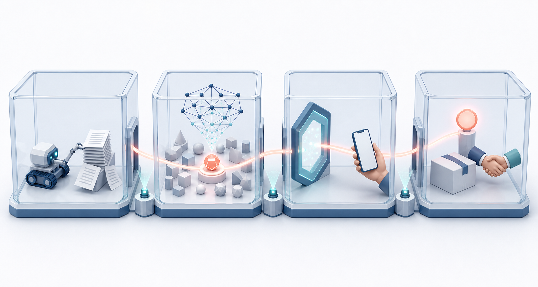 Four connected transparent chambers depict machine access, AI selection, human handoff, and a business outcome, with observation points between them.