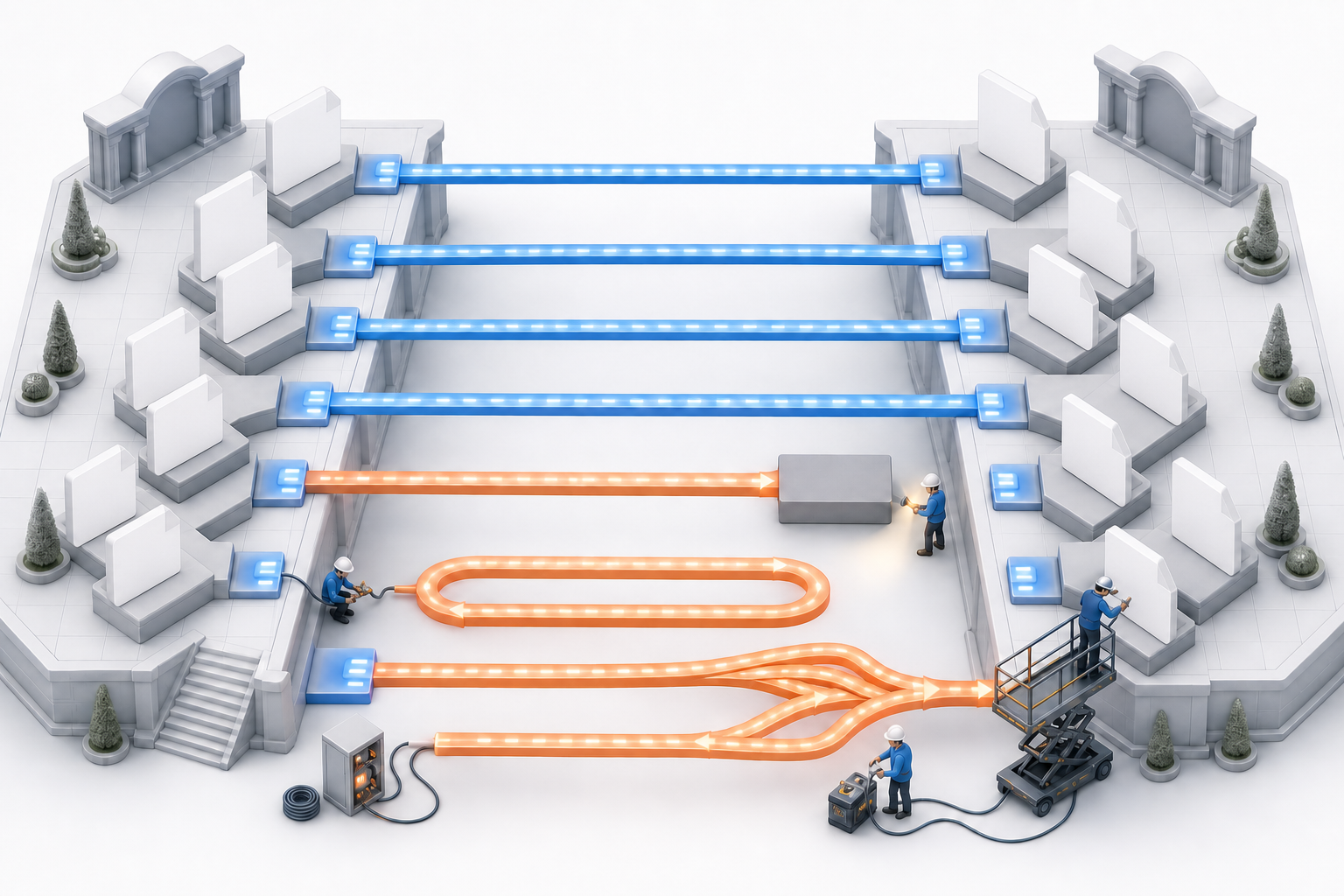 Individual webpage tiles cross illuminated bridges between two platforms while technicians repair broken, looping, and merged routes.
