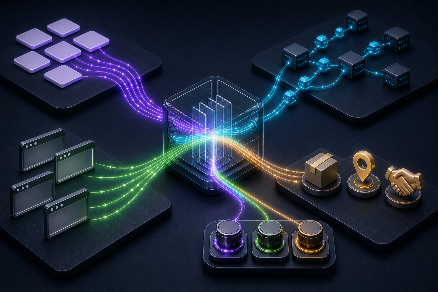 Four colored streams of prompt observations, bot activity, referral paths, and outcome signals converge in a transparent measurement hub.