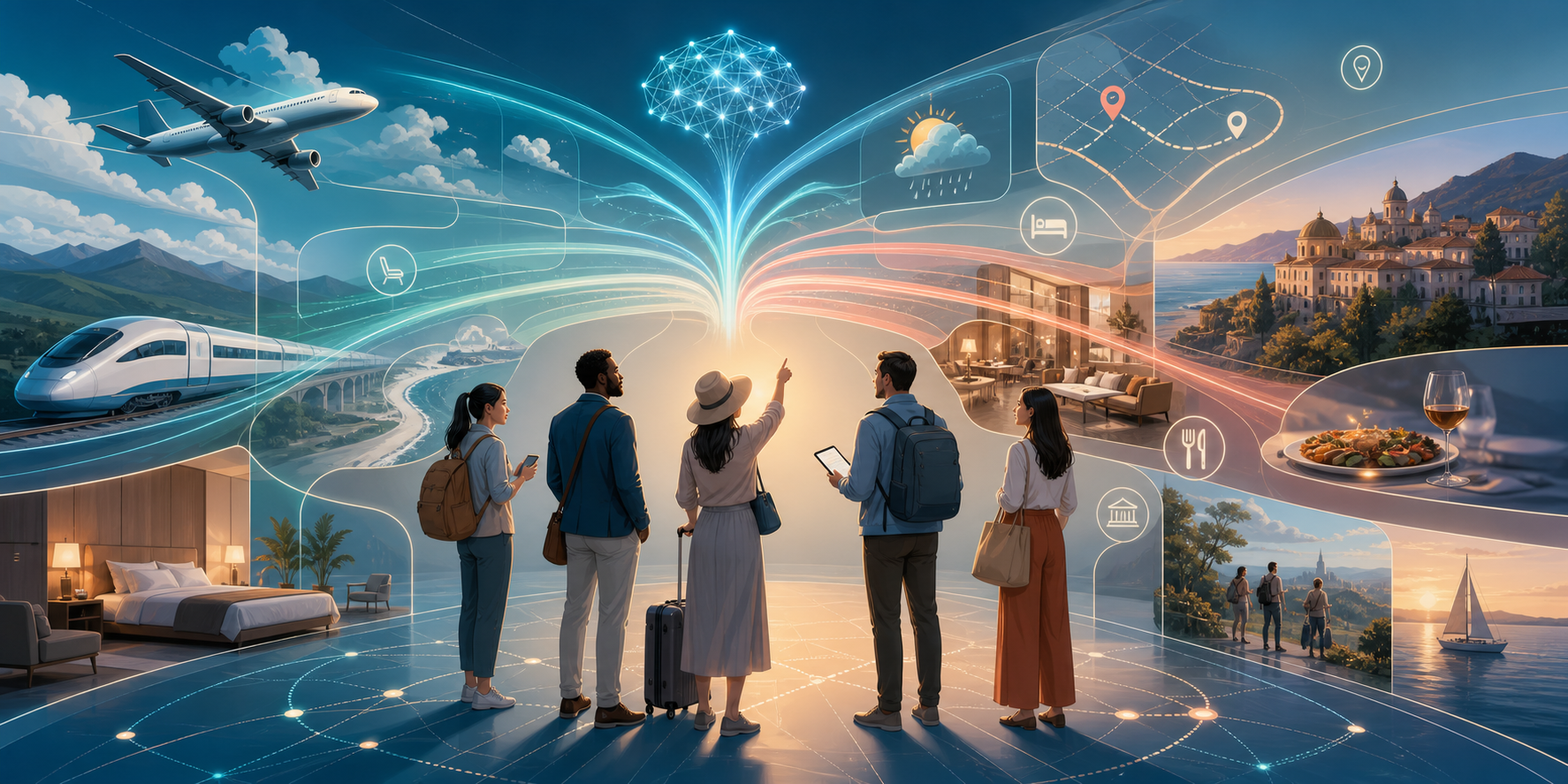 Travelers view a glowing route formed from flight, hotel, rail, weather, dining, and destination symbols.