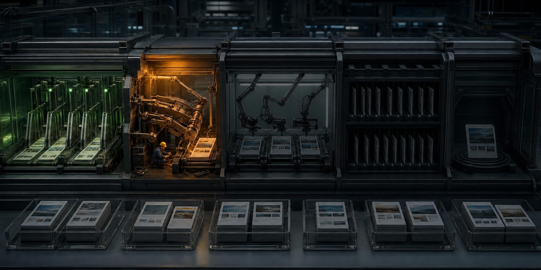 Webpage tiles move through a series of mechanical chambers as technicians repair an upstream blockage and grouped batches wait for verification.