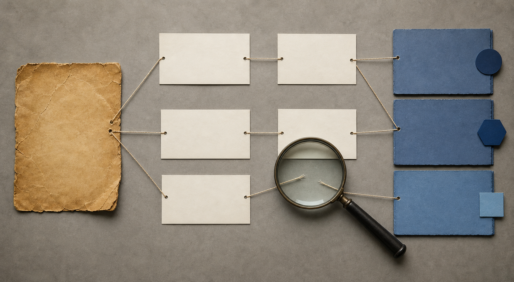 A tabletop evidence audit connects a weathered document fragment to source cards and newer documents, with a magnifying glass highlighting a broken link.