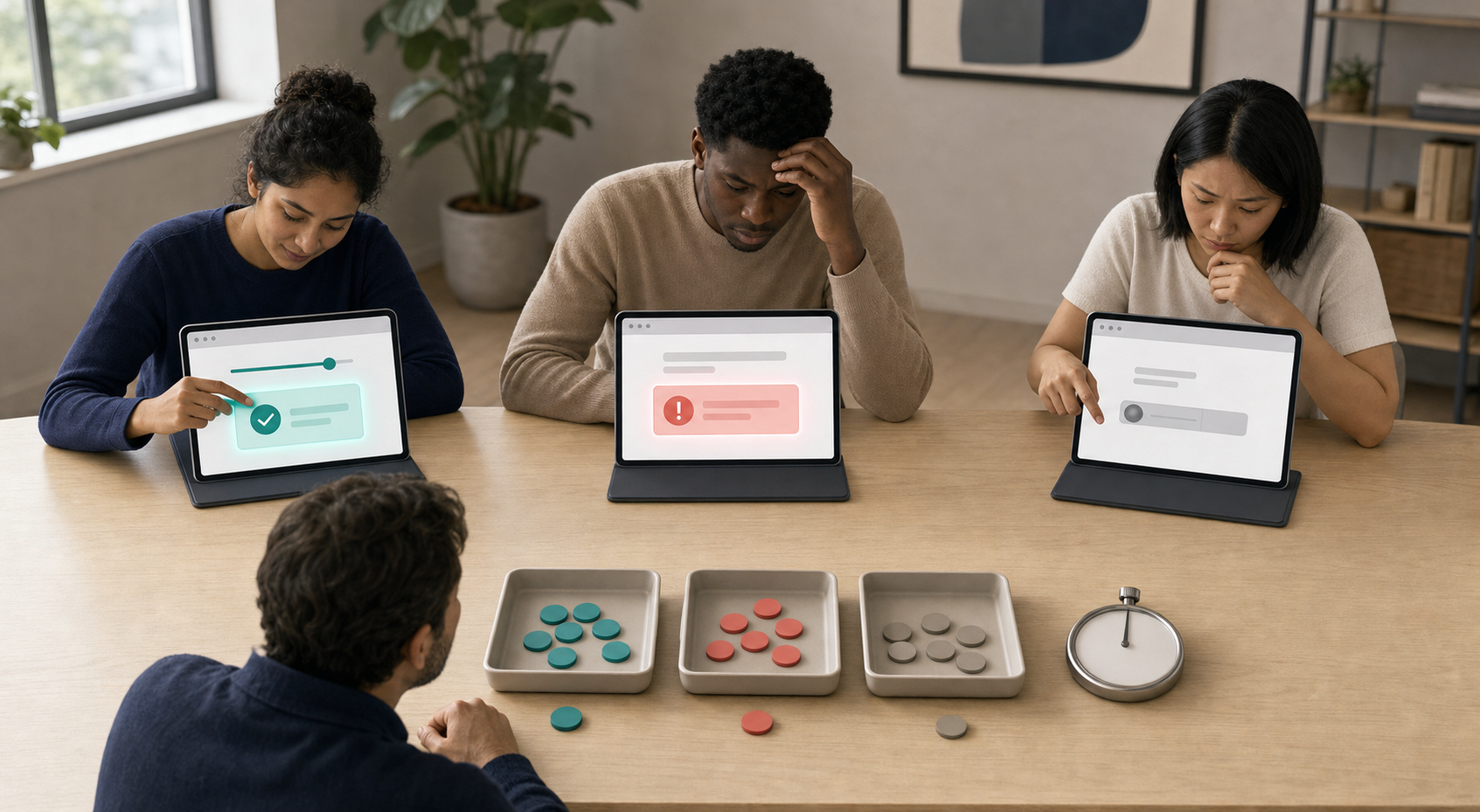 A researcher observes three people testing a blank web tool, with one reaching a result, one seeing a warning and one hesitating at a control.