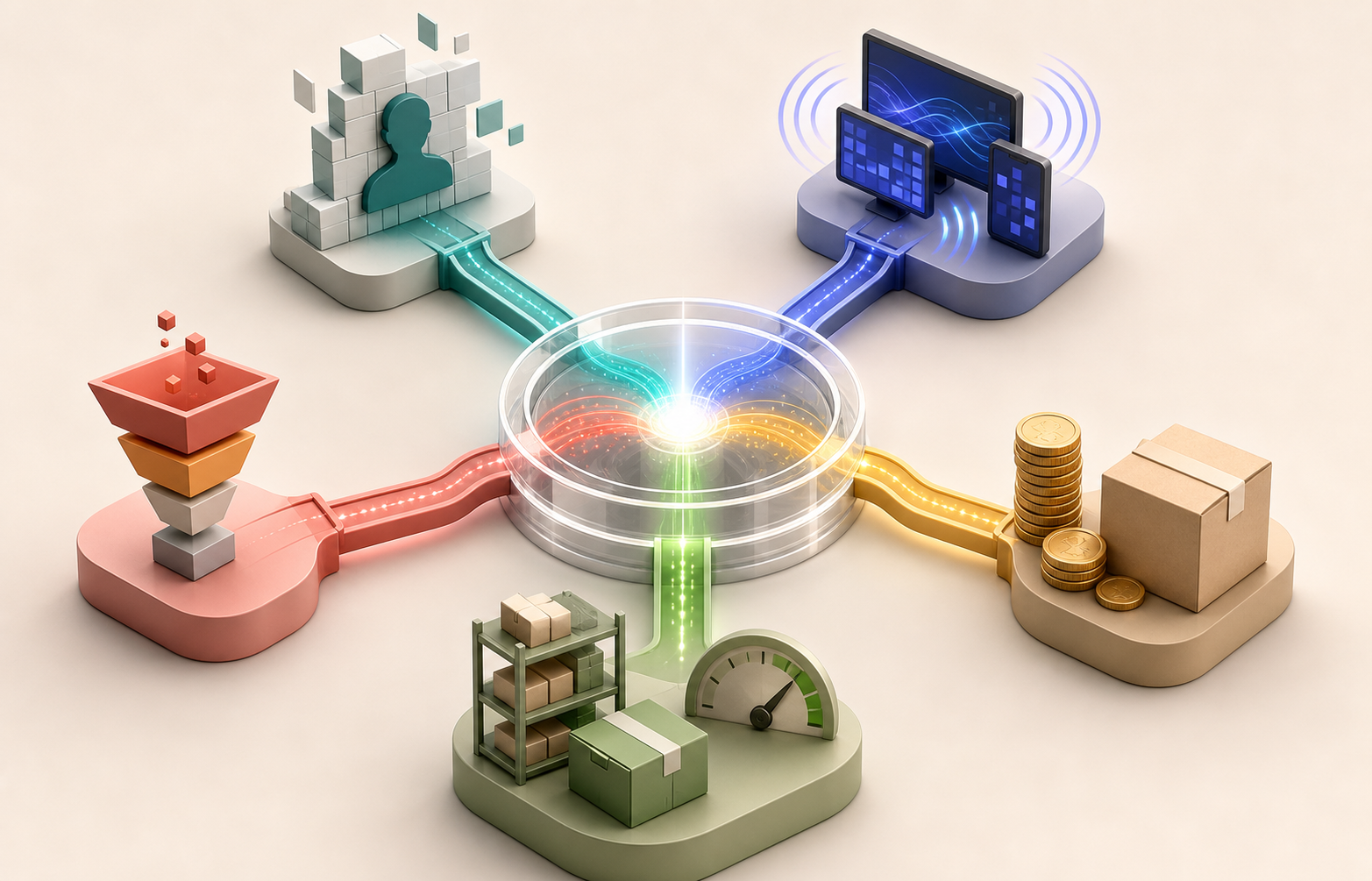Five symbolic data domains for customers, advertising, sales, transactions, and operations connect to one central business outcome hub.