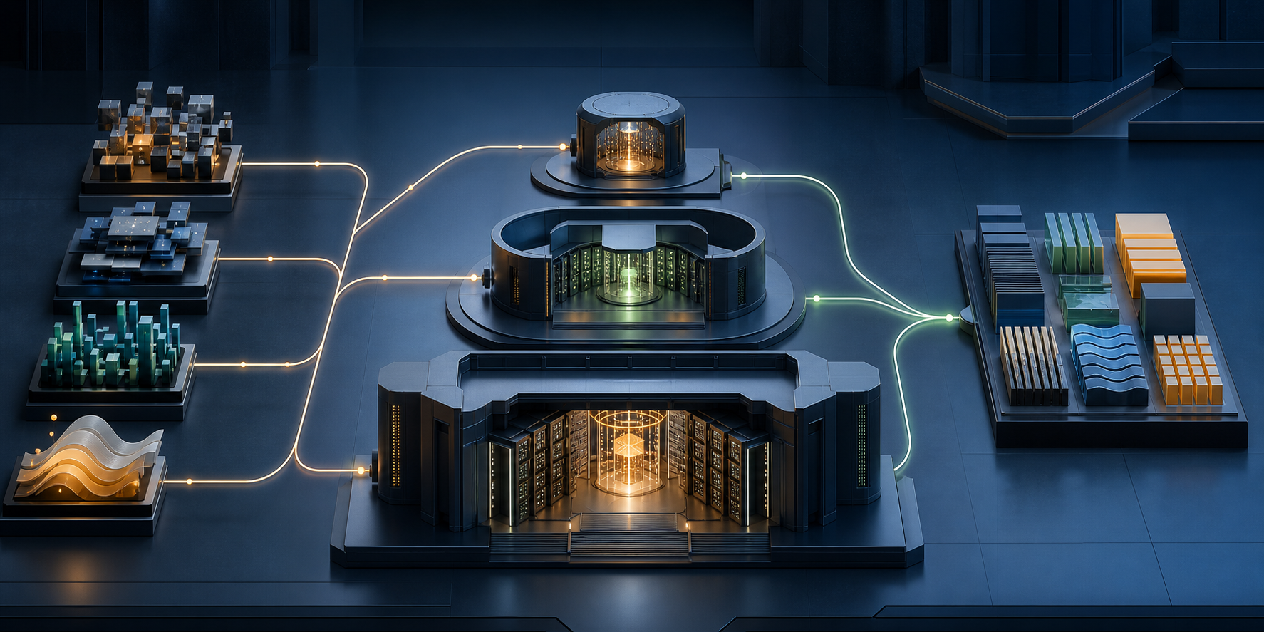 Abstract task objects travel along branching illuminated paths through three differently scaled processing chambers before converging into organized outputs.