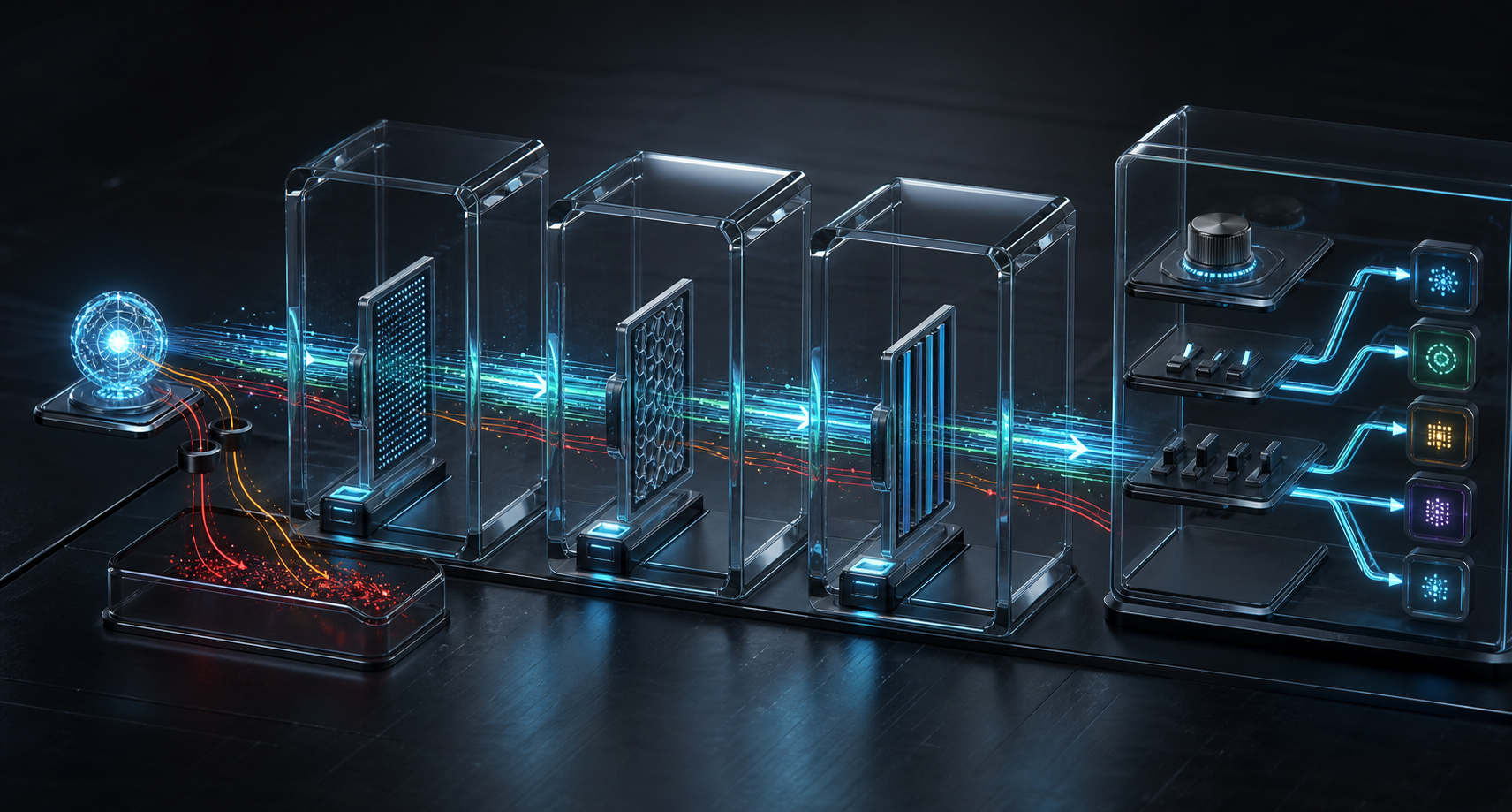 A glowing AI core passes through sequential security gates as validated data signals unlock access to advertising controls.