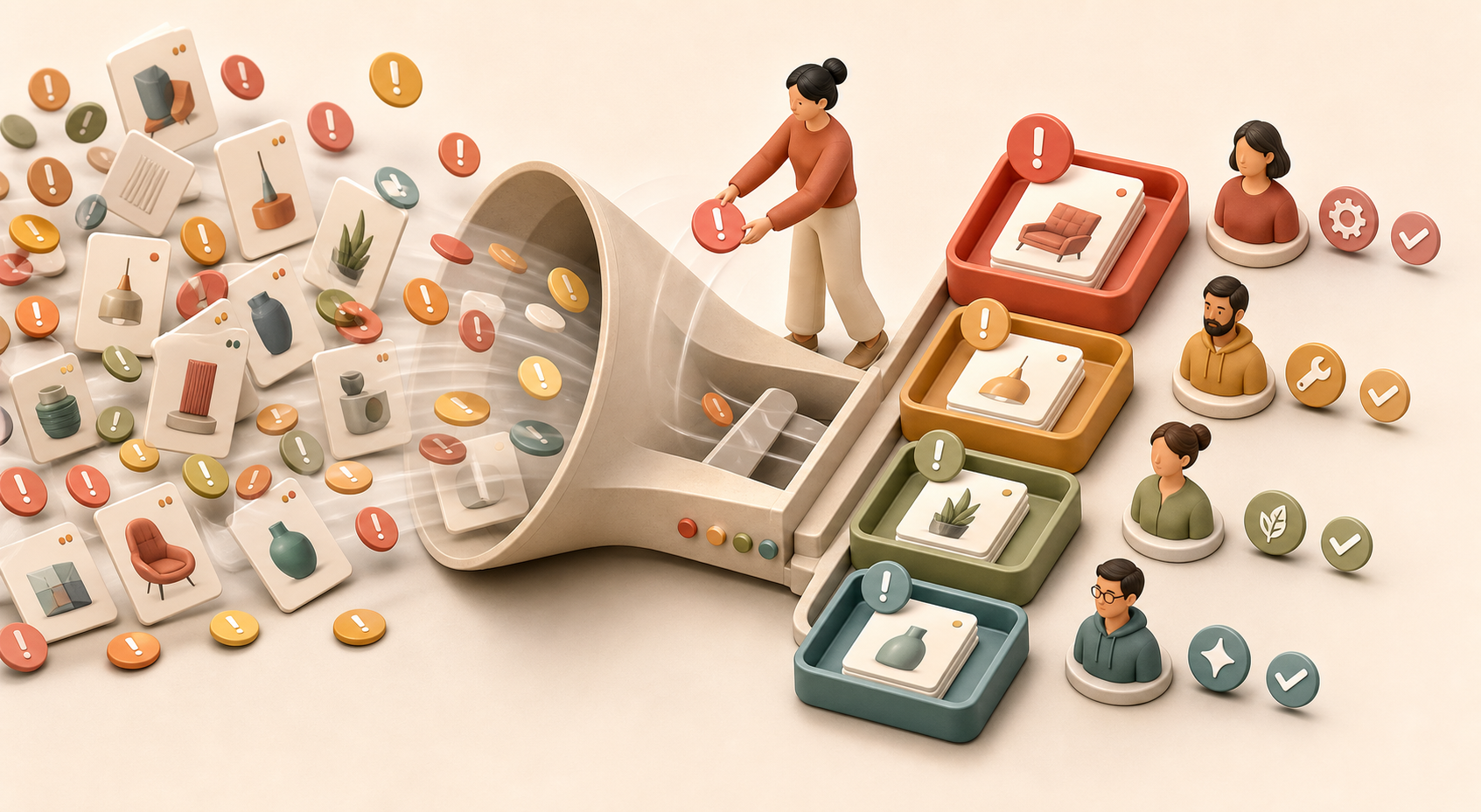 Scattered product alerts are sorted into an orderly sequence of priority trays with owner, action, and verification symbols.