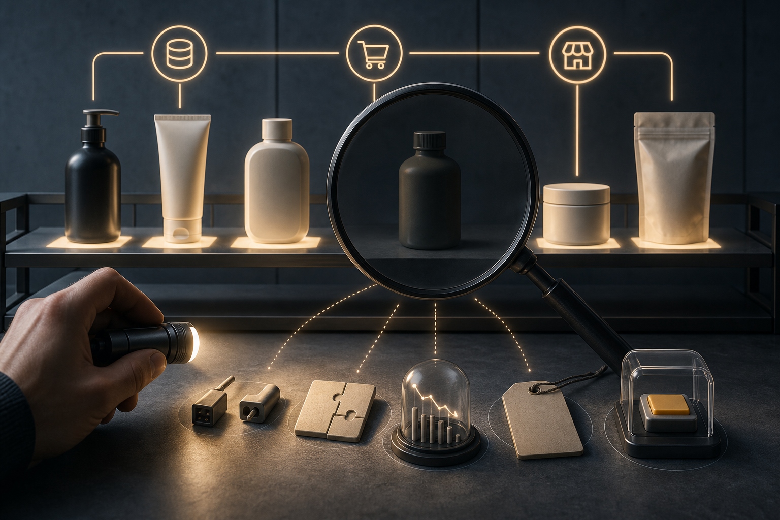 A strategist examines a dimly lit product and several possible visibility problems before activating a protected campaign switch.