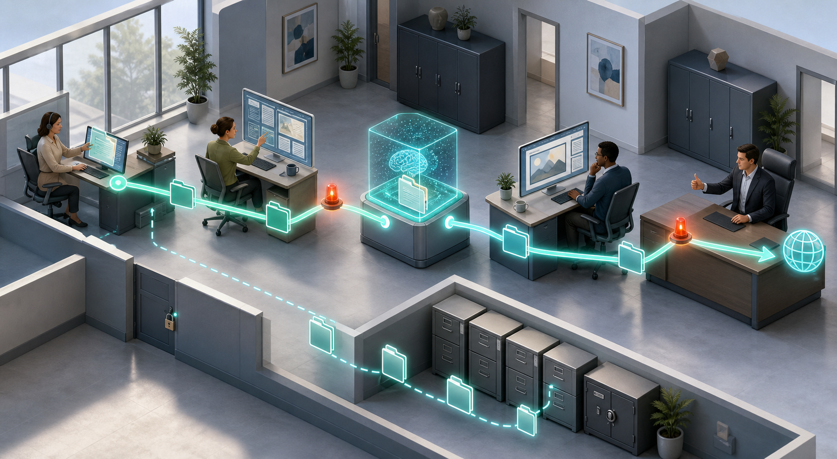 An isometric office scene follows an AI-assisted task from a customer record through generation, editorial review, managerial approval, publication, and evidence storage.