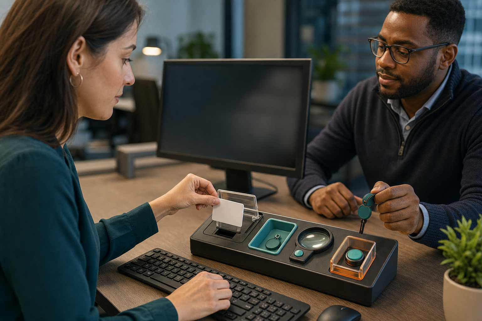 An employee pauses before entering customer information while a colleague verifies rights, accuracy, privacy, and release controls built into the workstation.