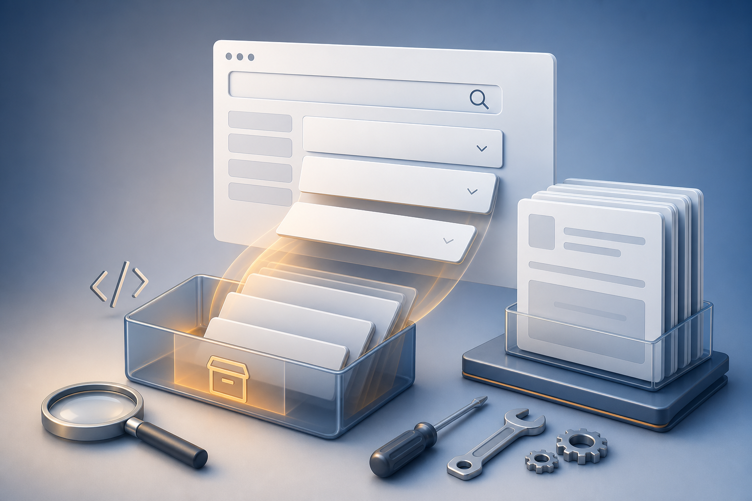 Blank expandable search-result panels fold into an archive tray while a separate stack of question-and-answer content cards remains in place.