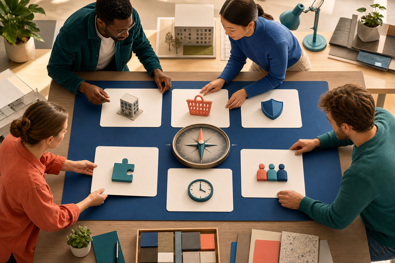 A research team arranges illustrated scenario cards around a compass on a large table.