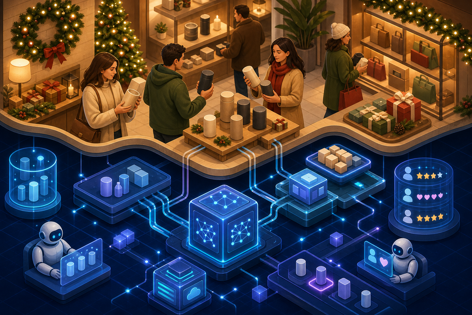 A cutaway illustration shows seasonal shoppers above a connected layer of product, inventory and AI agent signals.
