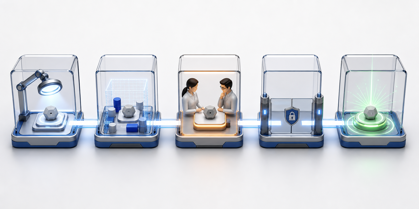 A geometric tracking module passes through inspection, testing, peer review, a guarded release gate, and final verification.