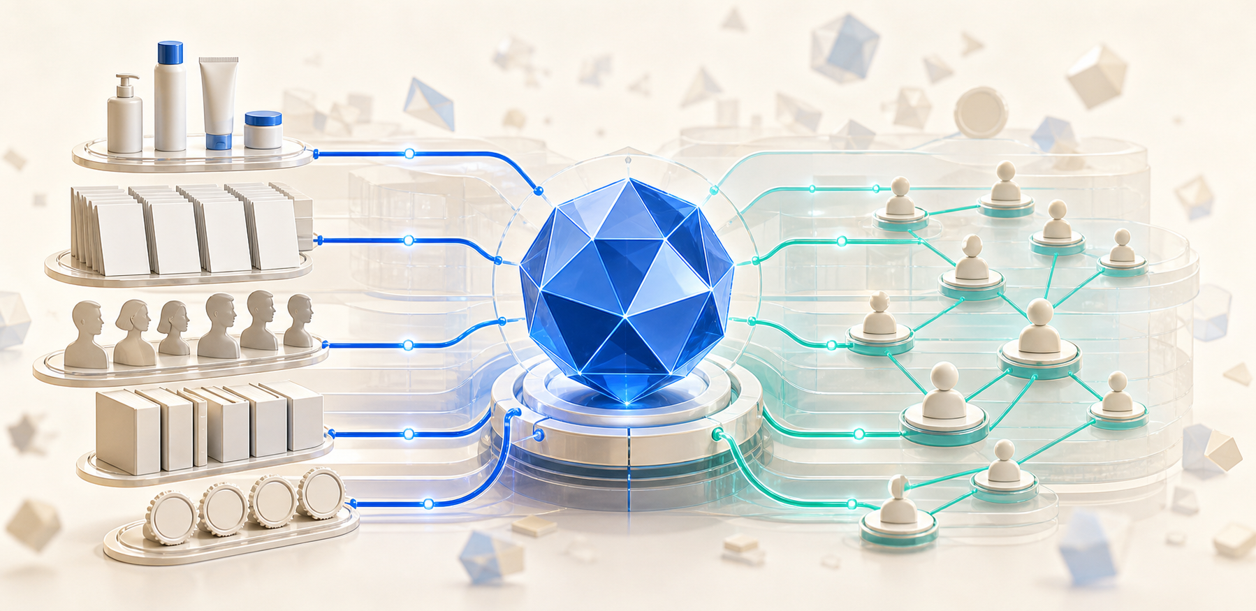 Linked pages, profiles, books, seals, and network nodes converge to form one clear blue geometric object.