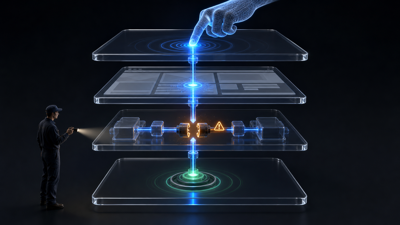 A technician inspects an isolated break in one layer of a stacked digital conversion-tracking system.