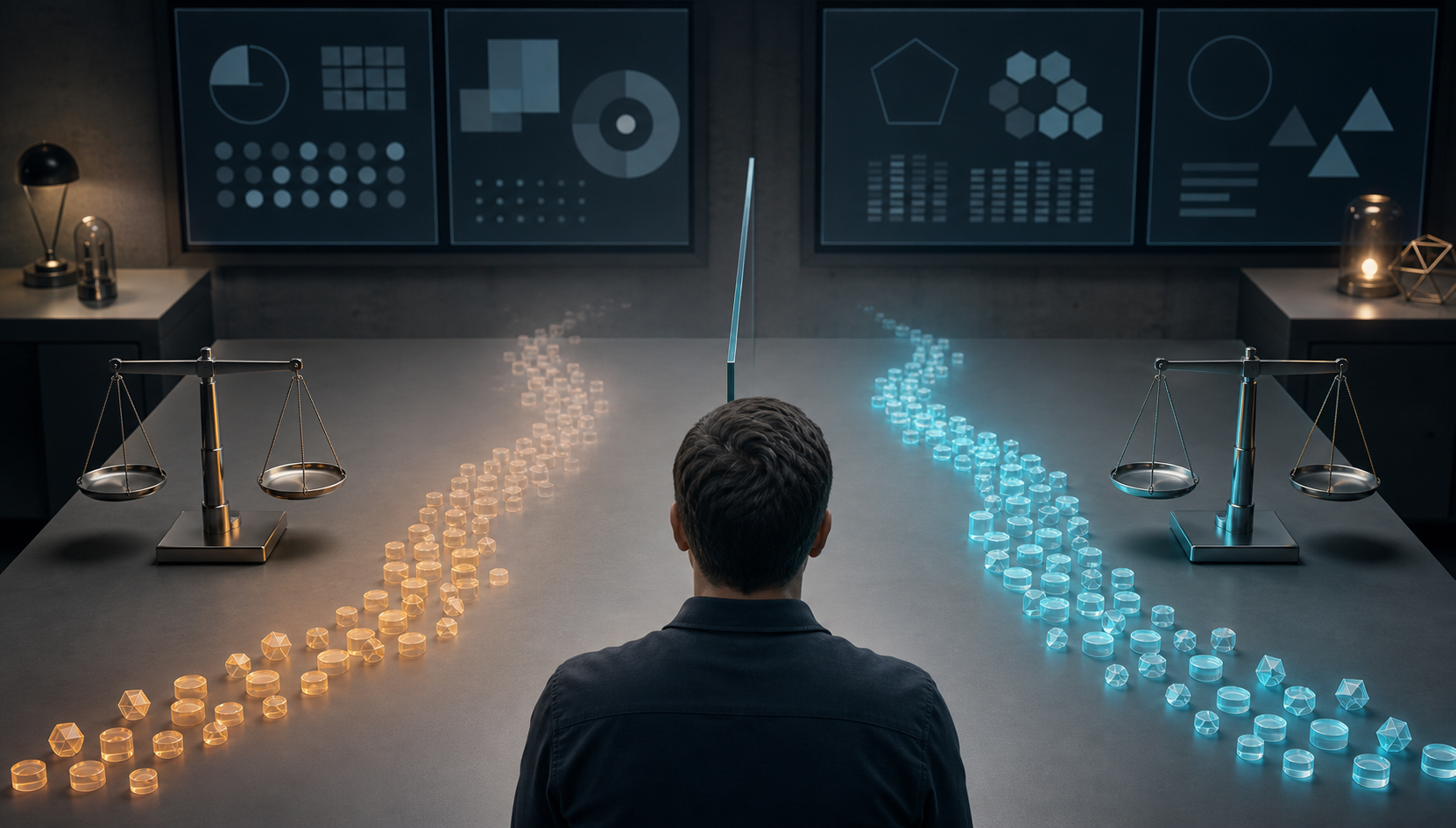 An analyst compares two separate streams of abstract signals using transparent dividers and balanced measuring instruments.