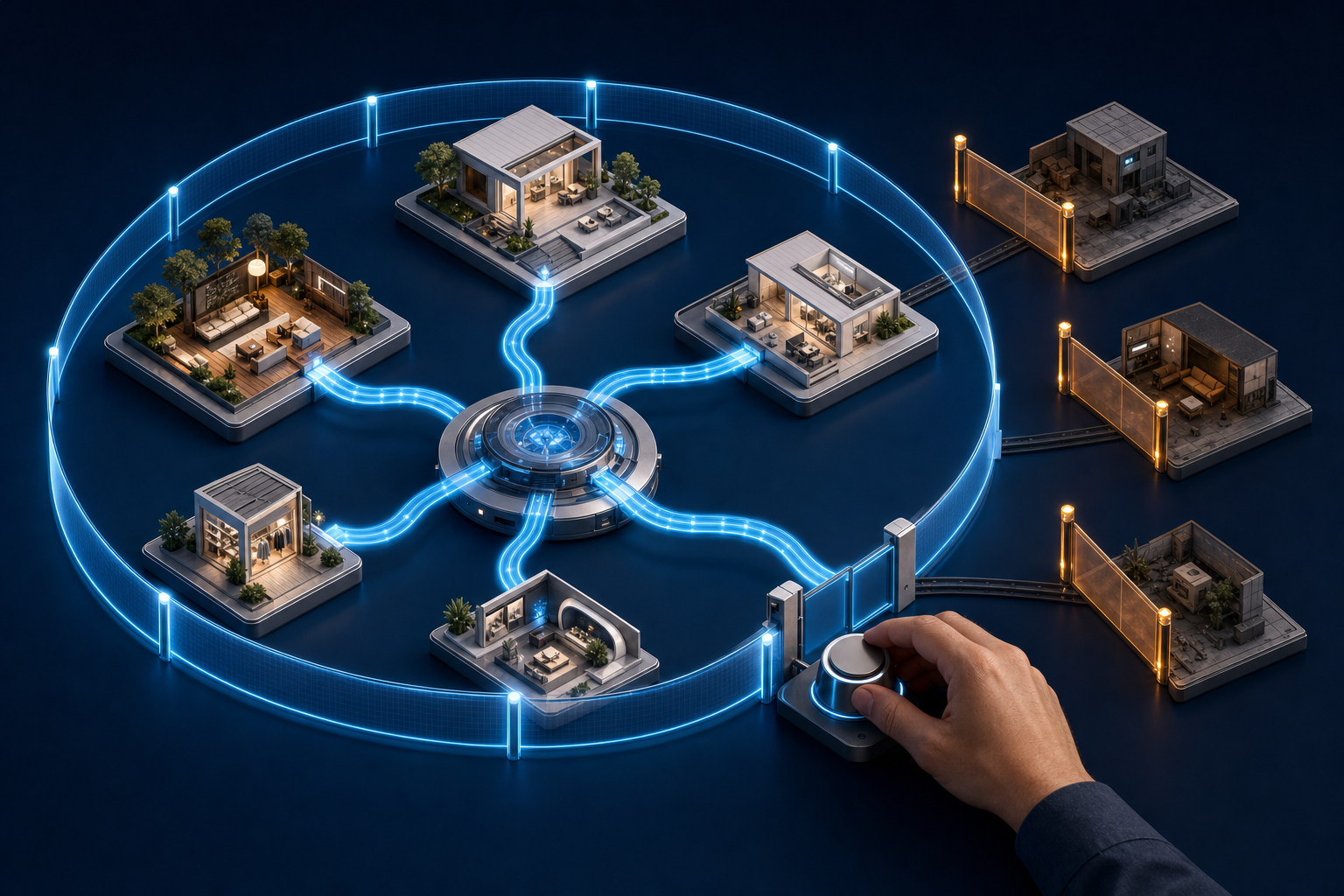 Glowing traffic routes lead only to landing-page platforms enclosed by a transparent eligibility boundary, while other destinations remain behind closed gates.