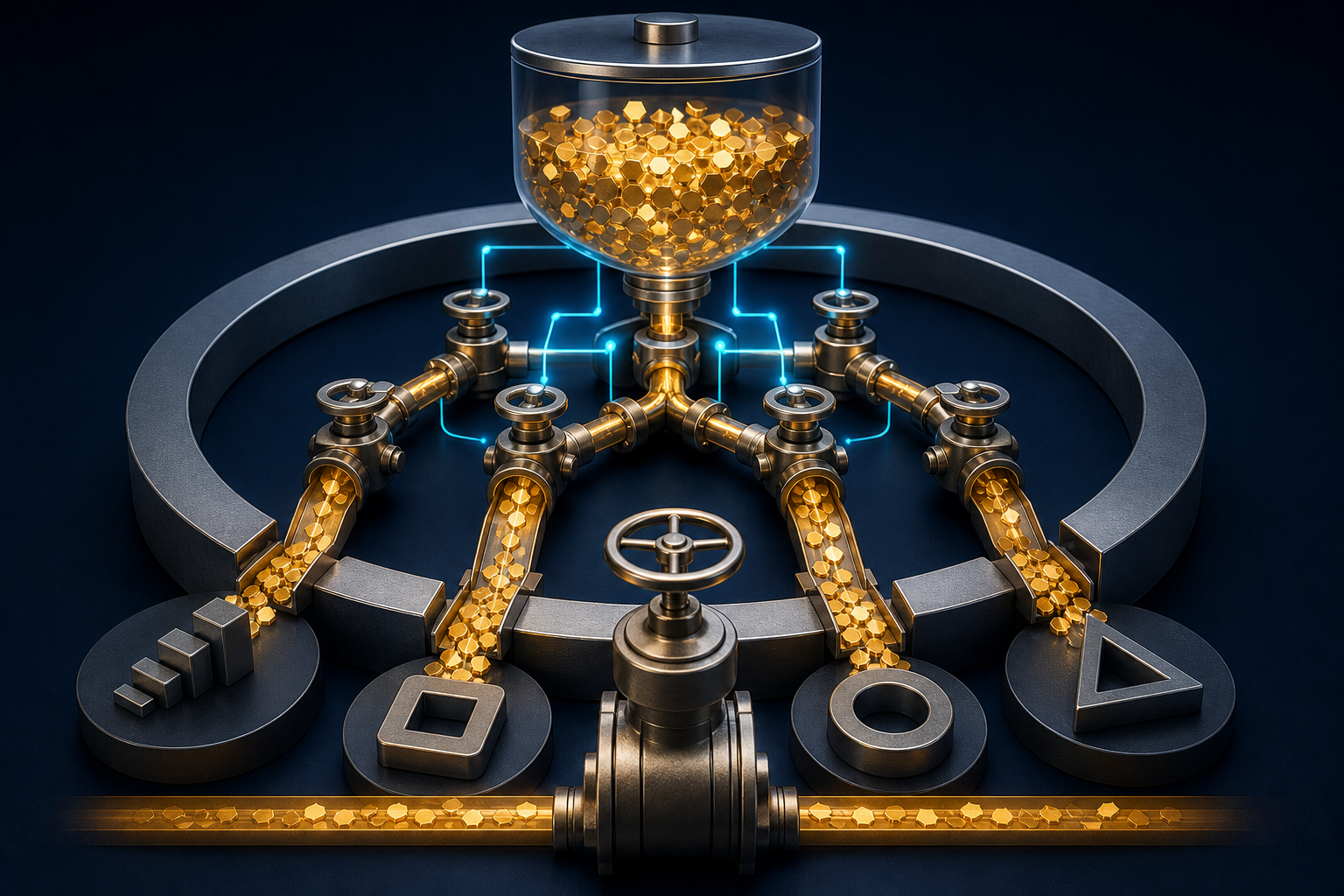 A transparent reservoir distributes golden tokens through automated valves while a separate master gate limits the total flow.