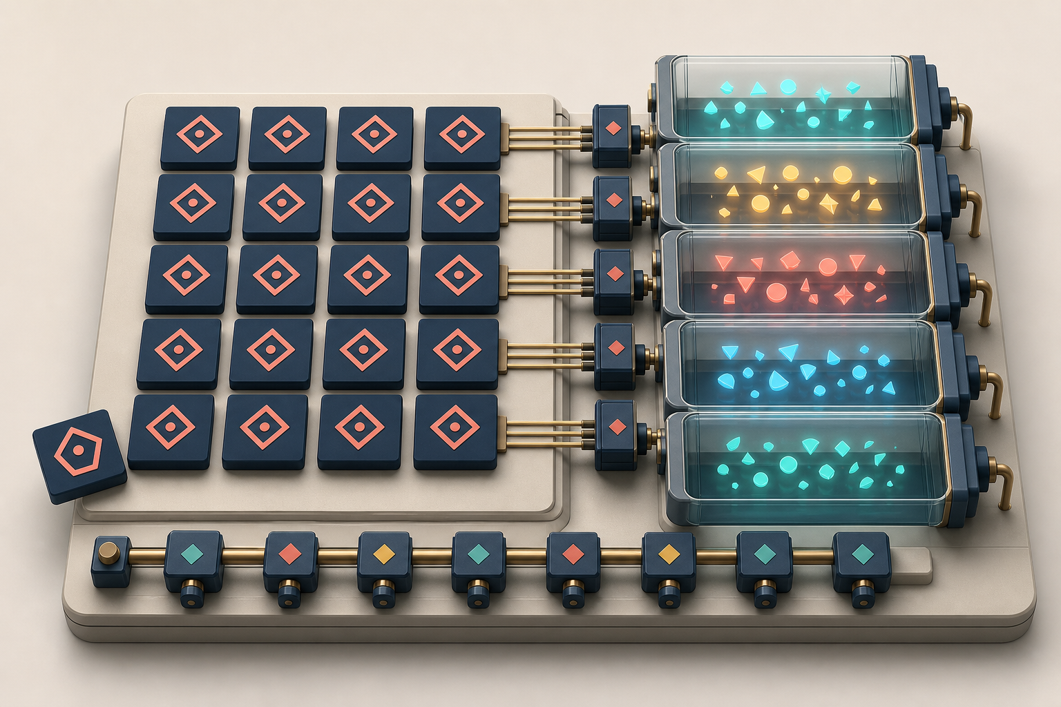A controlled grid of abstract prompt tiles feeds into parallel answer chambers, with one displaced tile showing a changed test condition.