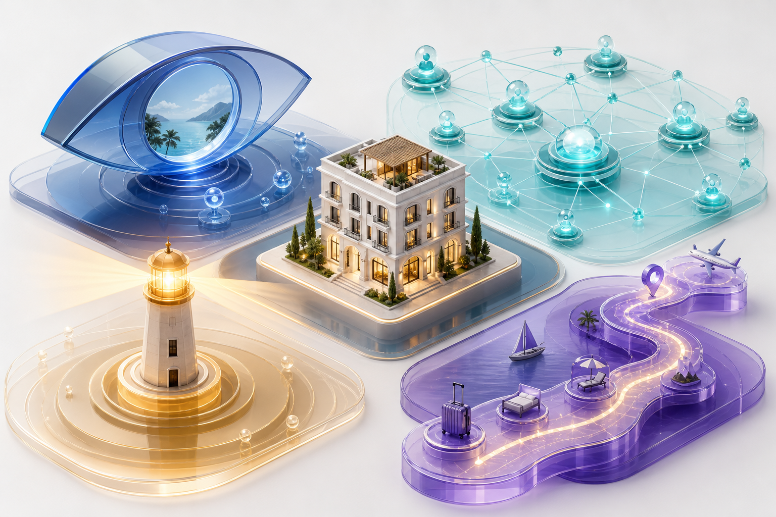 An unbranded hotel is surrounded by four visual layers representing discovery, understanding, trust, and inclusion in a travel route.