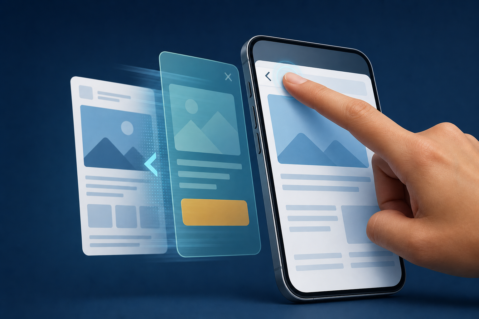 A finger uses the back control on a smartphone browser while a translucent full-screen advertising layer fades away and the previous page appears.