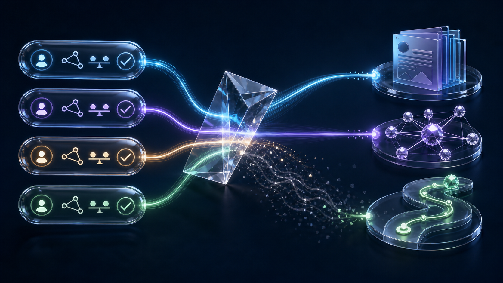 Abstract answer signals pass through a diagnostic prism and flow into content, source, customer-journey, and business-outcome elements.