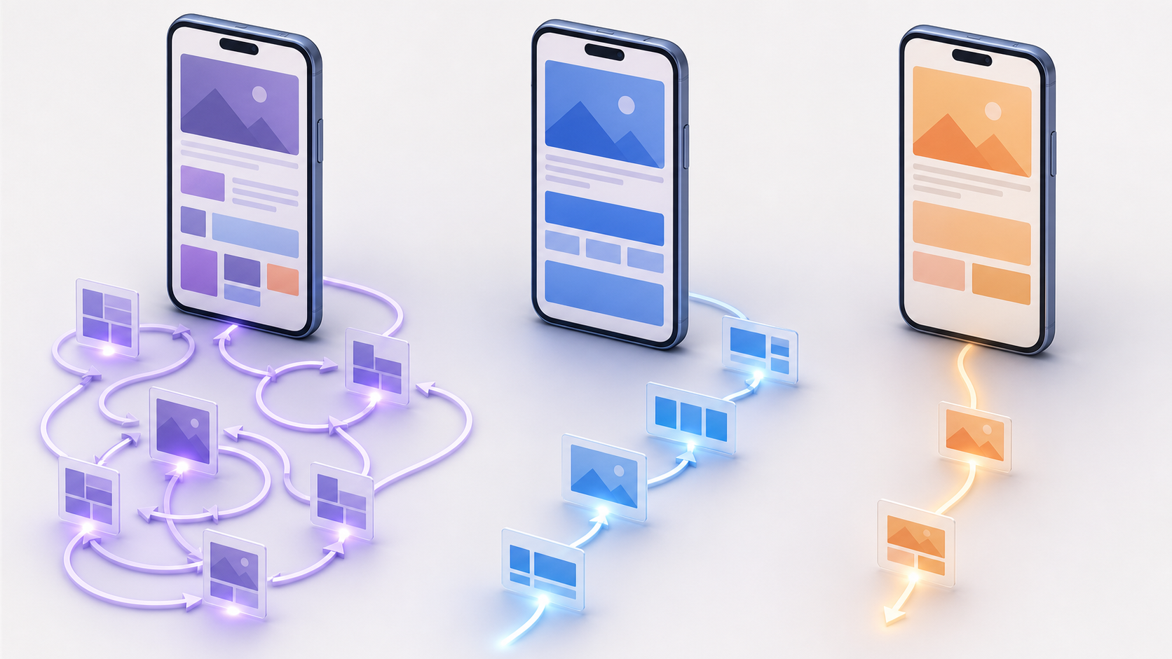 Three smartphones show different browsing paths, including frequent backtracking, mostly forward navigation, and a short exit route, with varying numbers of translucent ad panels.