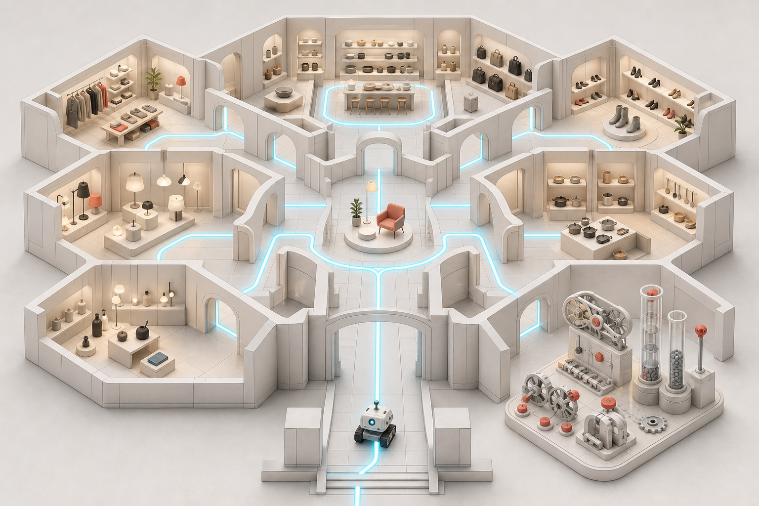 An isometric catalog of product rooms connected by illuminated corridors, with a small crawler robot following a direct route from the entrance to a product alcove.